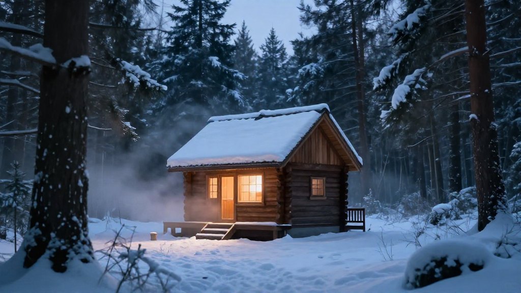 Wooden cabin in a snowy forest at blue hour