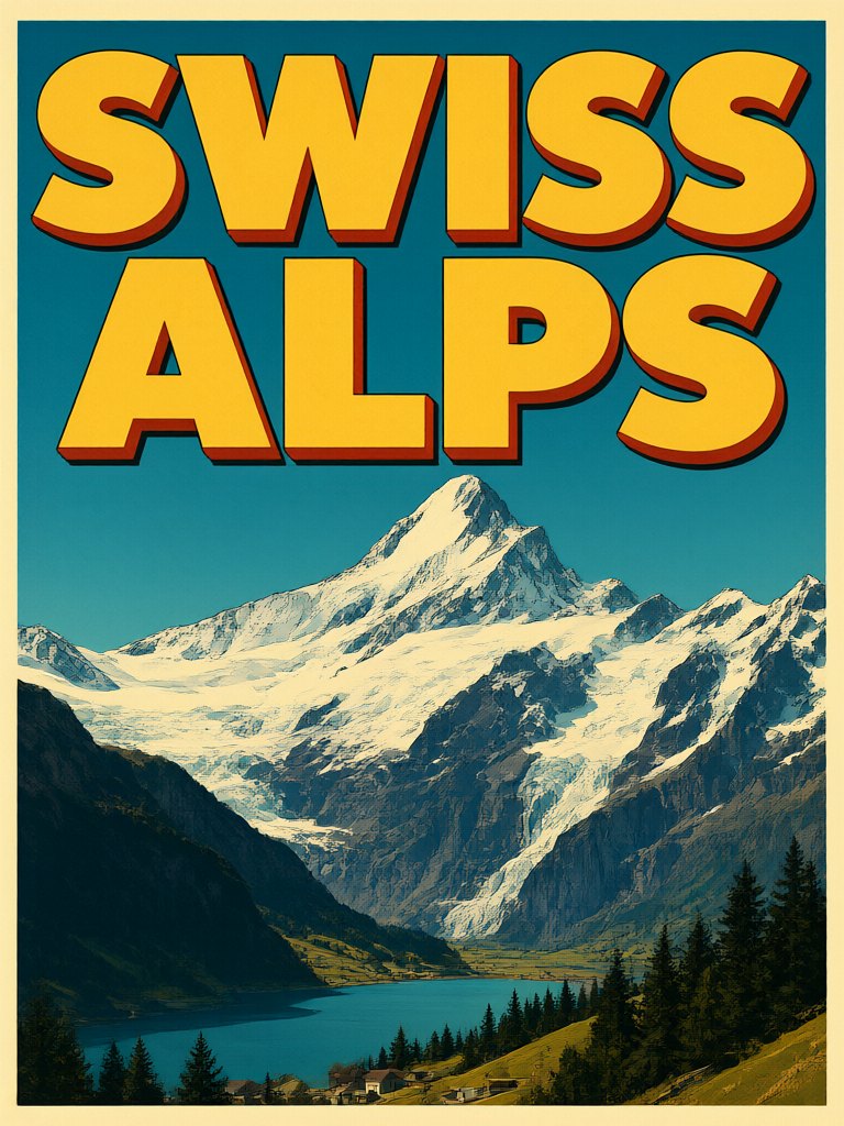Vintage Swiss Alps travel poster with lettering