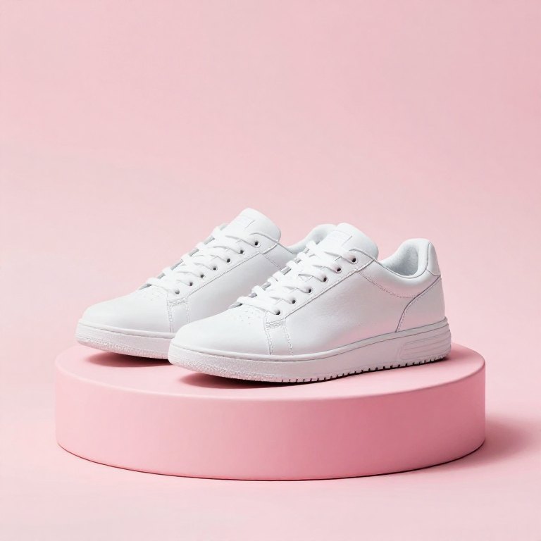 Studio product photo of white sneakers
