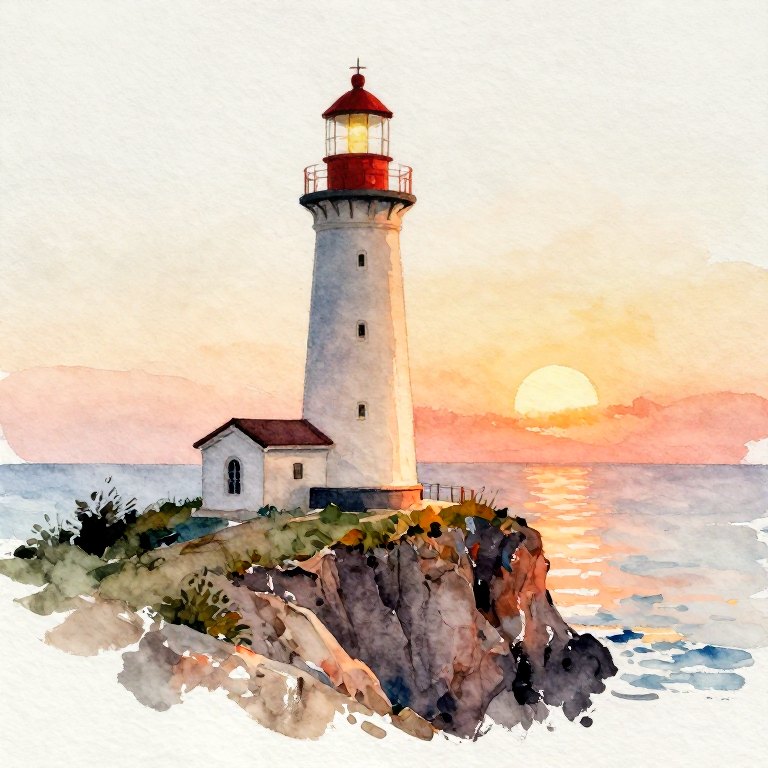 Watercolor lighthouse at sunrise